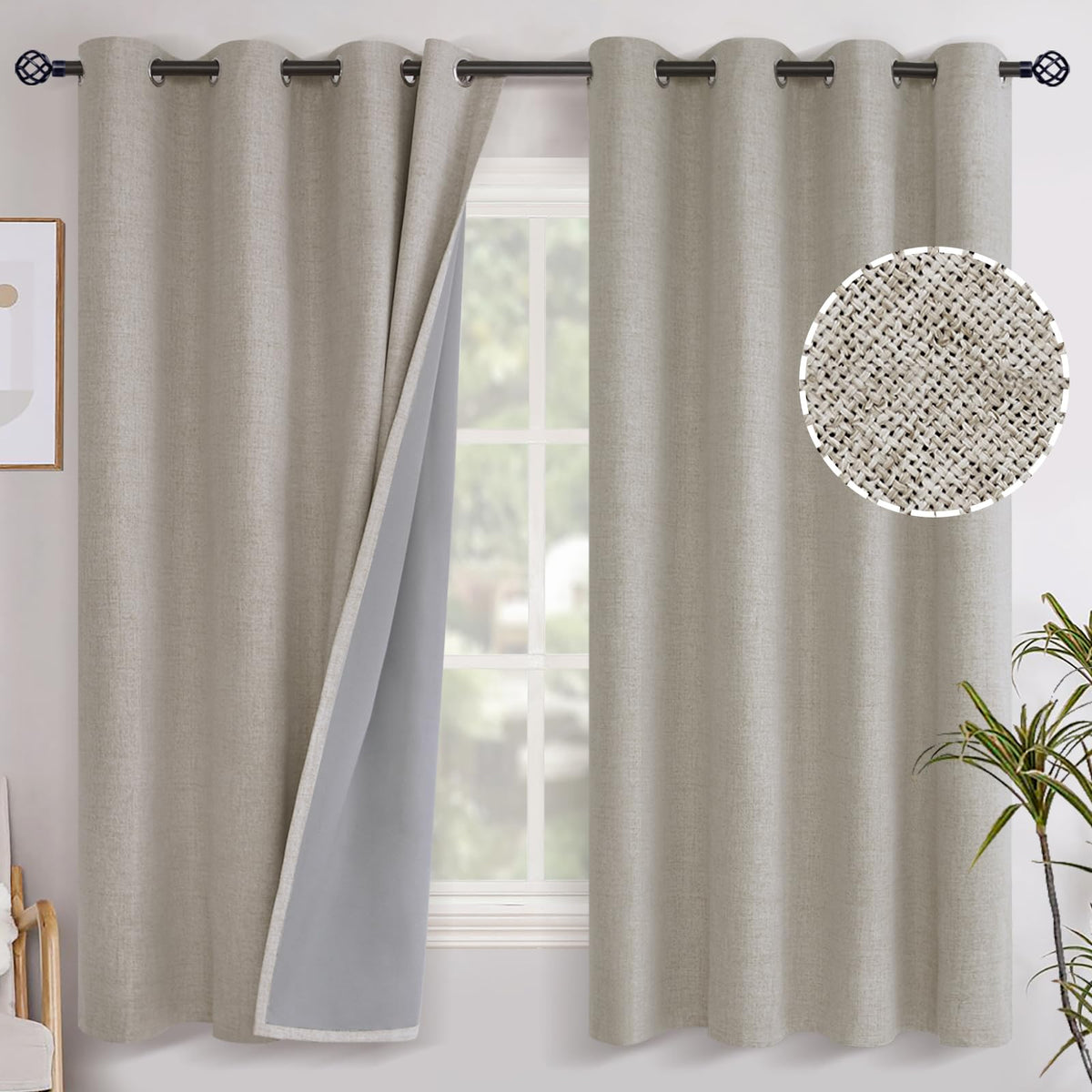 YoungsTex Linen Blackout Curtains 63 Inch Length Bedroom Beige Darkening