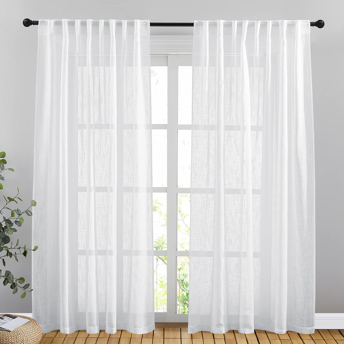 NICETOWN White Linen Sheer Curtains and Drapes 84 inches Long, Rod Pocket & Back Tab semitransparent with Light Through Vertical Window Treatments for Sliding Glass Door & Living Room, 52"W, Set of 2