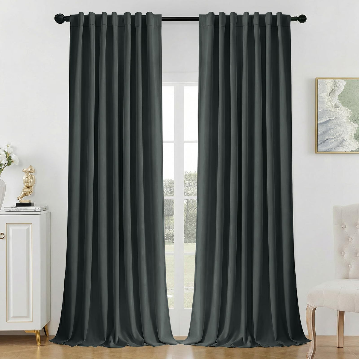Joydeco White Blackout Curtains 96 Inches Long - 100% Blackout Curtain 2 Panel Set, Rod Pocket & Back Tabs Thermal Insulated Window Drapes for Bedroom Living Room (Pure White,52" Wx96 L)