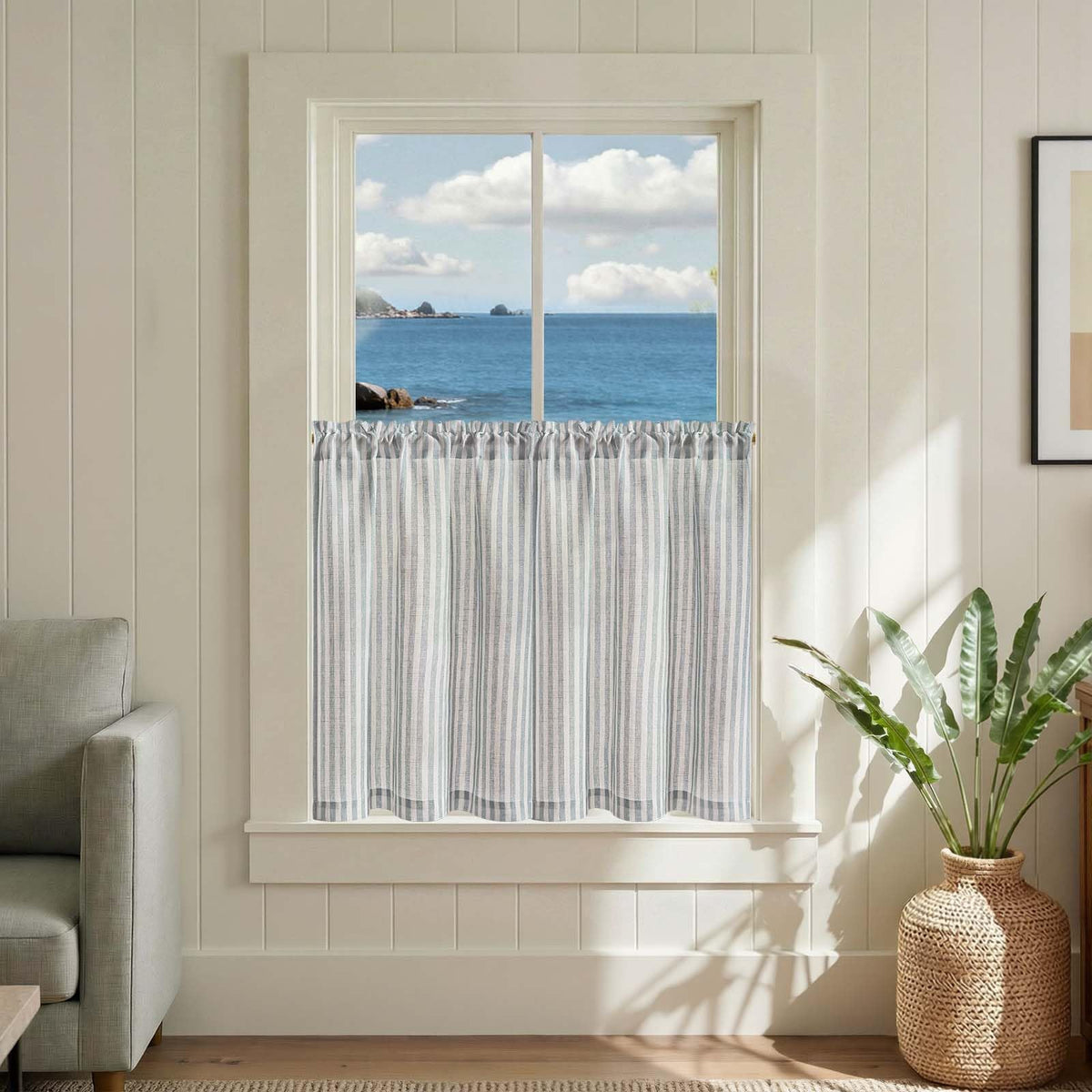 jinchan Striped Linen Kitchen Curtains 36 Inches Length Tier Curtains Farmhouse Modern Cafe Style Small Window Treatments Airy Light Filtering Rod Pocket for Living Room Bathroom 2 Panels Sage Green