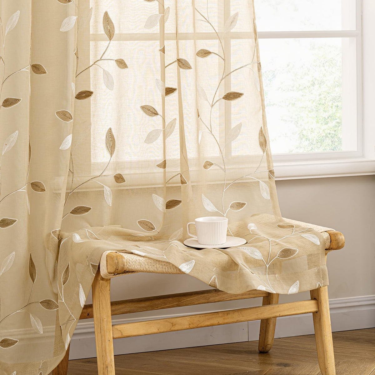 MIULEE Sage Green Sheer Curtains 2 Panels Leaf Patterned, W52 x L84