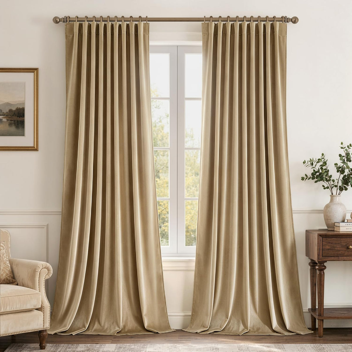 MIULEE Sage Green Velvet Pinch Pleat Blackout Curtains W52 X L108 Inches