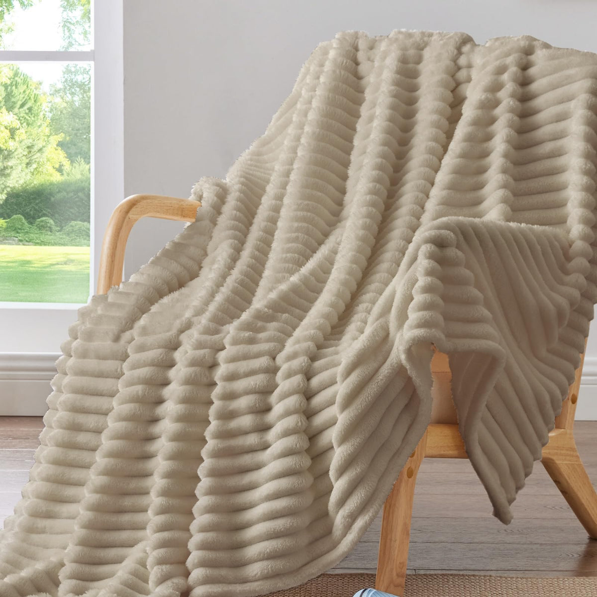BEDELITE Ribbed Fleece Throw Blanket for Couch, Cream, 50"x60"