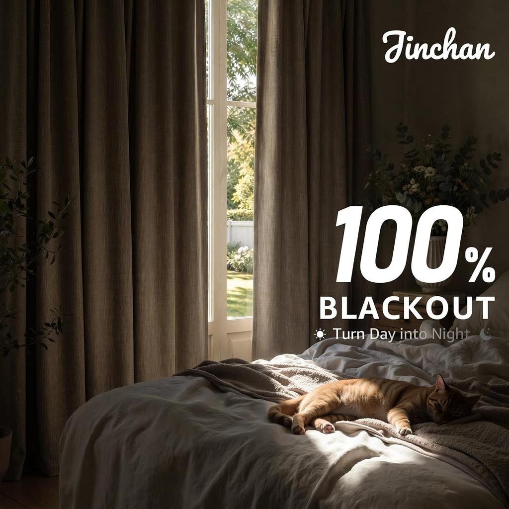 jinchan Burlap Look Curtains Blackout Curtains for Bedroom Lined Linen Textured Look Drapes for Living Room 84 Inches Long French Country Farmhouse Window 2 Panels Tan Drapes