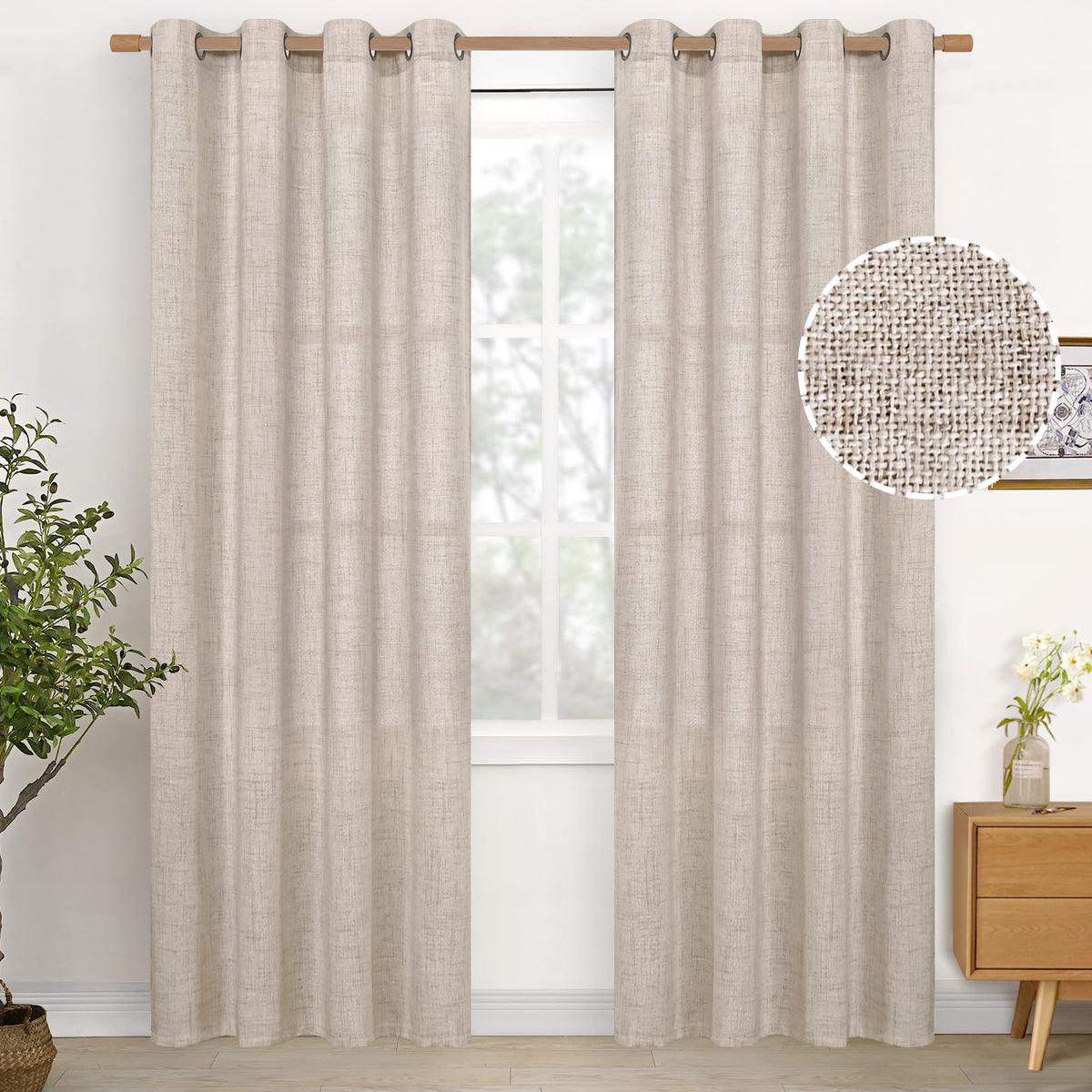 YoungsTex Linen Semi Sheer Curtains 63 Inch Length, Light Filtering Drapes