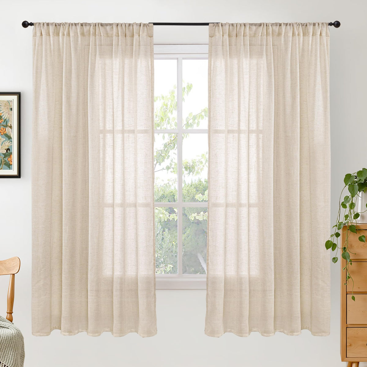 BGment Tan Linen Curtains 84 Inch Length 2 Panels Burlap Semi Sheer Drapes