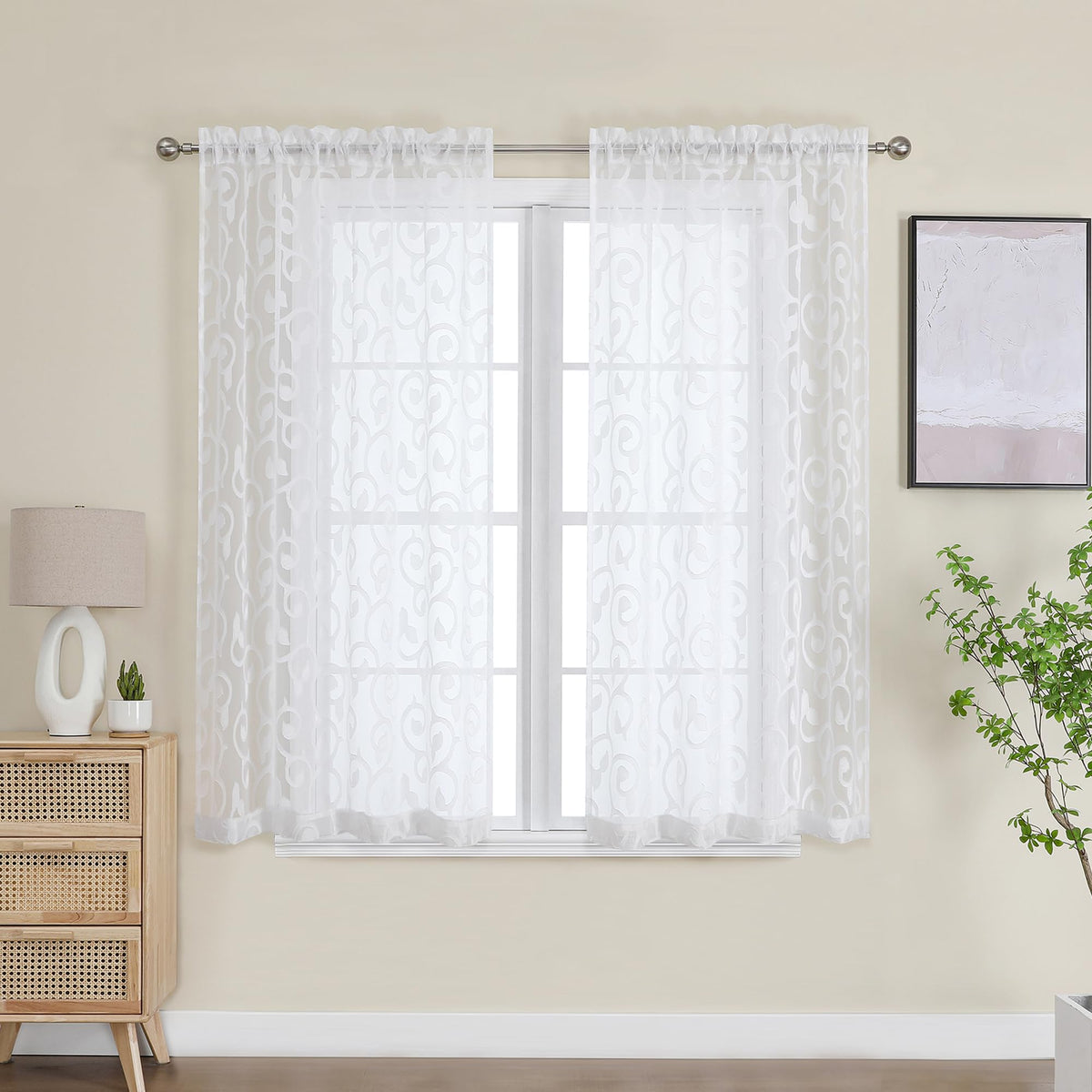 OWENIE Furman Ivory Sheer Curtains 84 inches Long for Bedroom Living Room 2 Panels Set, Jacquard Clip Light Filtering Semi Sheer Curtain Rod Pocket Window Drapes, 2 Pcs Each 40 W 84 L