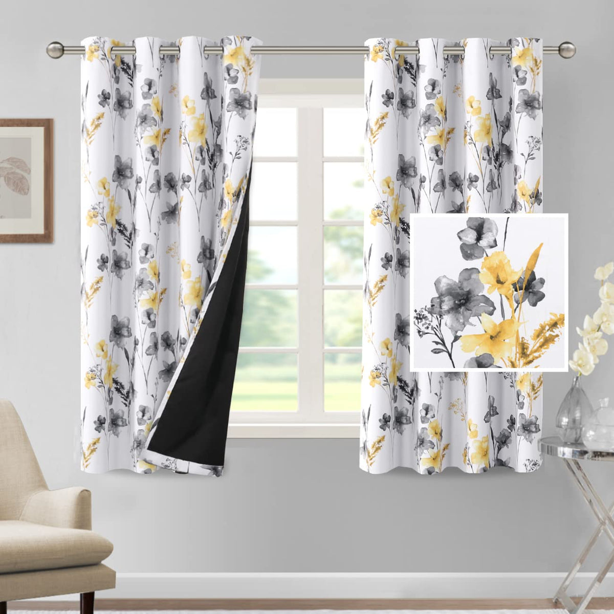 H.VERSAILTEX 100% Blackout Curtains 84 inch Length 2 Panels Set Cattleya Floral Printed Drapes Leah Floral Thermal Curtains for Bedroom with Black Liner Sound Proof Curtains, Grey and Taupe