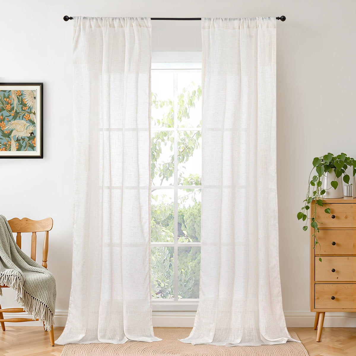 BGment Tan Linen Curtains 84 Inch Length 2 Panels Burlap Semi Sheer Drapes