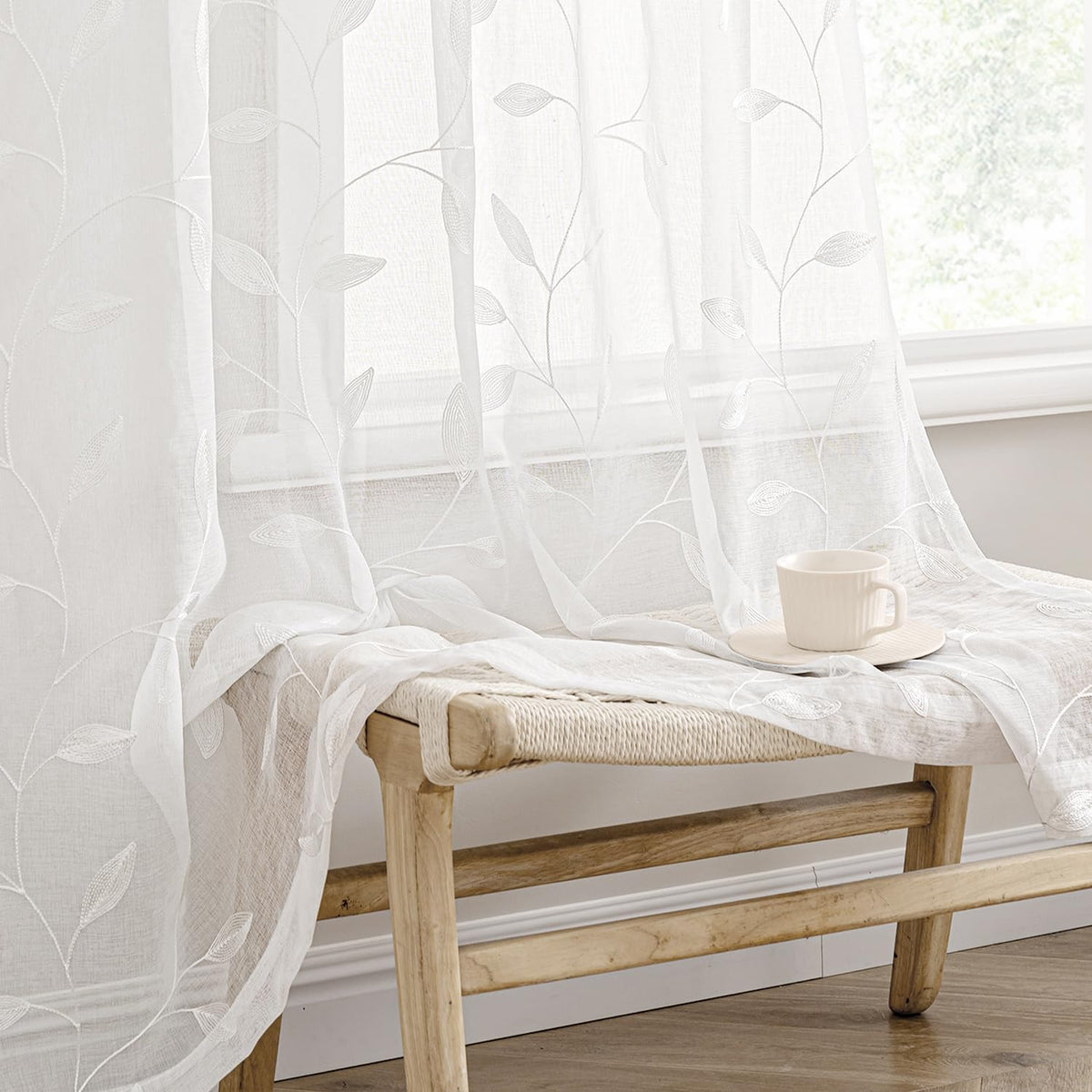 MIULEE Sage Green Sheer Curtains 2 Panels Leaf Patterned, W52 x L84