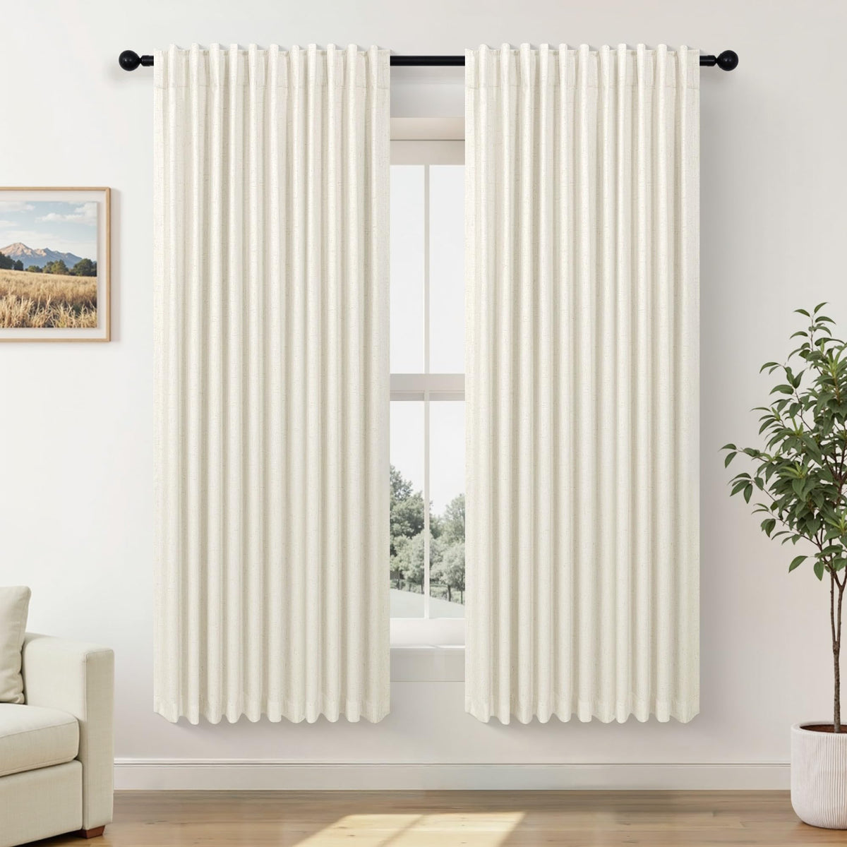 100% Blackout Curtains 84 Inch Length 2 Panels Set Neutral Boho Linen Farmhouse for Bedroom Windows Living Room Darkening Thermal Insulated Drapes Natural Cream Ivory 7ft Long Back Tab Pleated Pocket