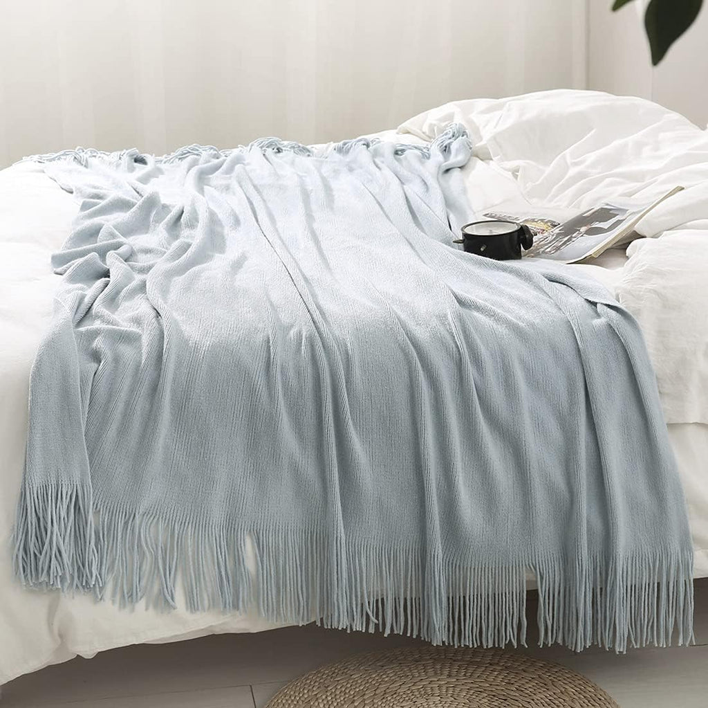 Homiest Pale Blue Knitted Throw Blanket with Fringe, 50x60 Inch