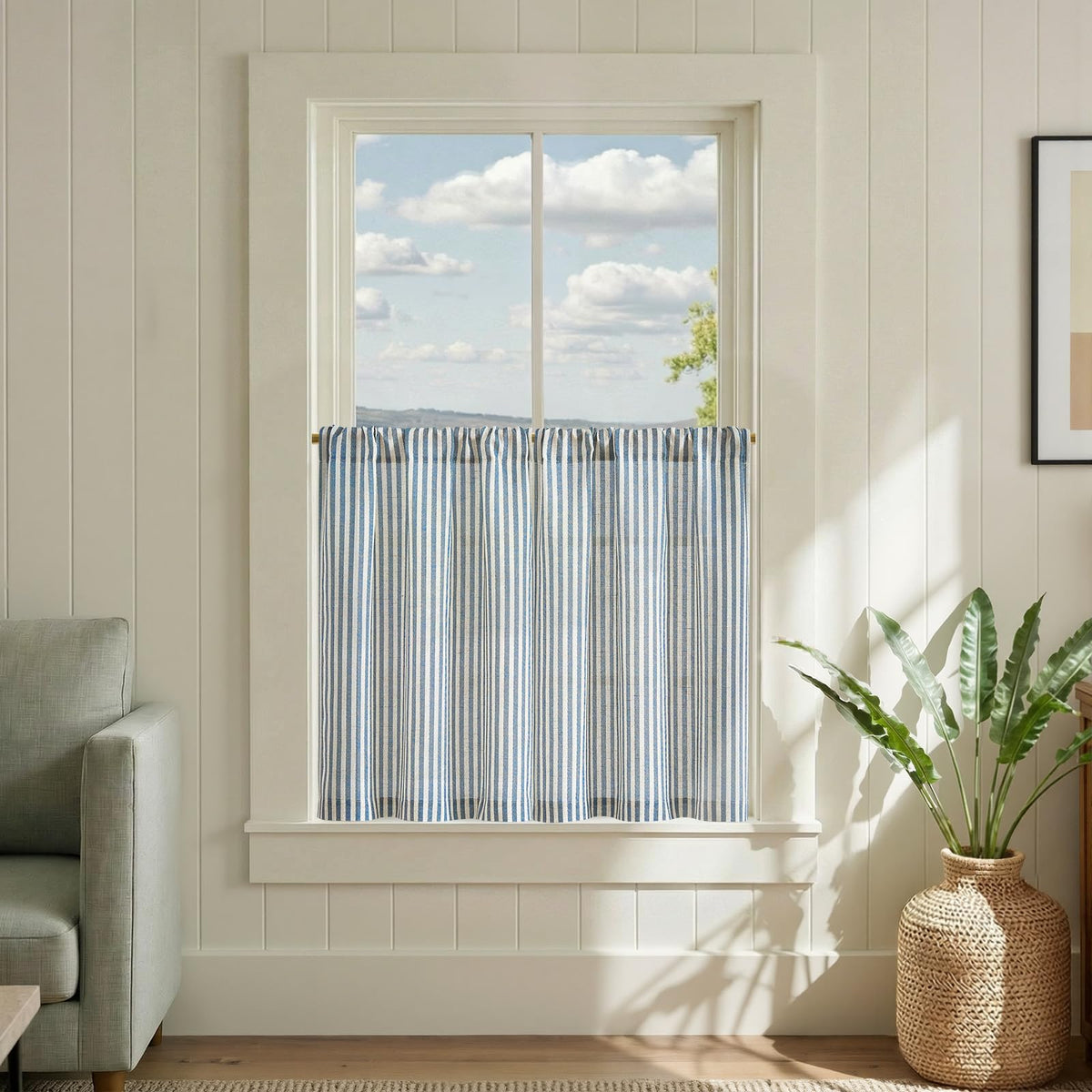 jinchan Striped Linen Kitchen Curtains 36 Inches Length Tier Curtains Farmhouse Modern Cafe Style Small Window Treatments Airy Light Filtering Rod Pocket for Living Room Bathroom 2 Panels Sage Green