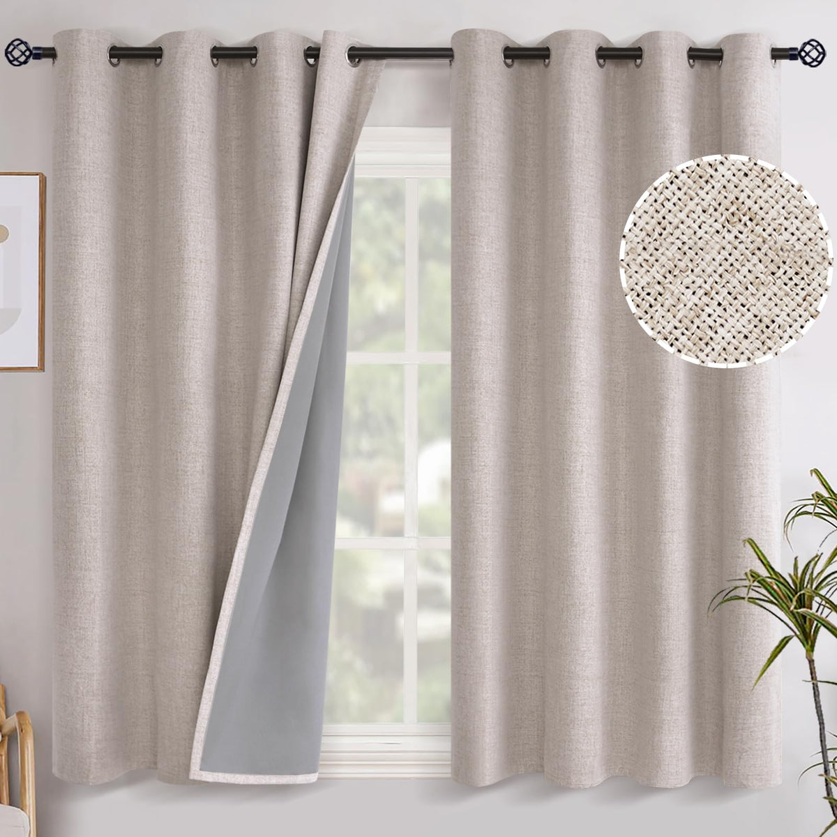 YoungsTex Linen Blackout Curtains 63 Inch Length Bedroom Beige Darkening