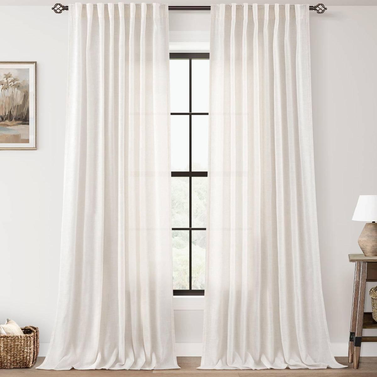 96 inch Long Linen Curtains 2 Panels for Living Room Back Tab Cream Ivory Light Filtering Semi Sheer Curtain 96 inches Long Boho Farmhouse Rustic Linen Drapes Floor to Ceiling Length 8 FT