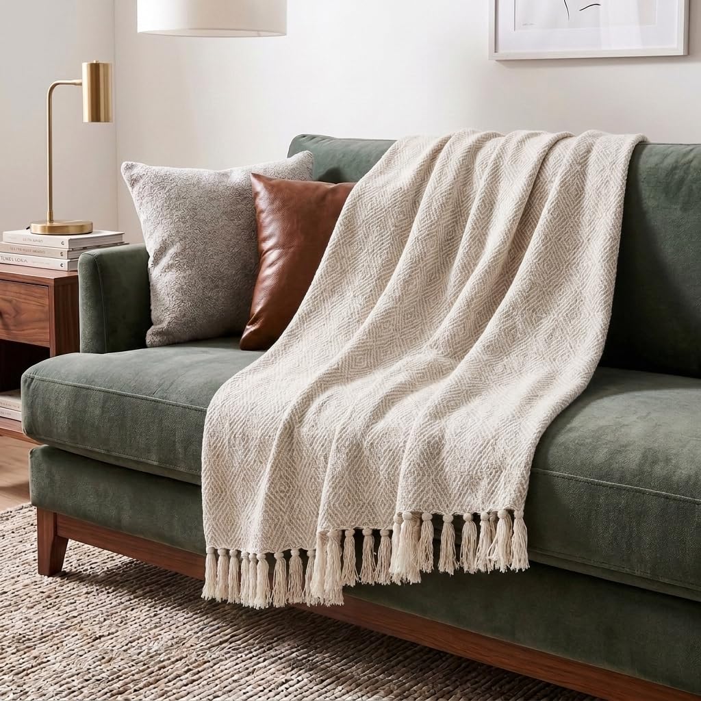 Americanflat 50x60 Throw Blanket - Soft and Breathable Cotton Throw Blanket for Couch, Bed, Chair - Decorative Blankets Perfect for Home, Office, or Outdoor Use - Cream Herringbone Design