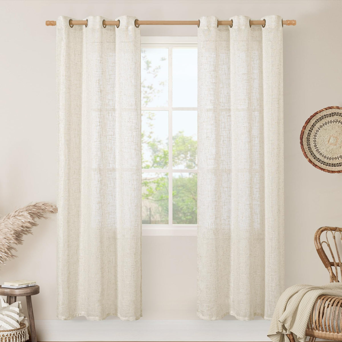 LAMIT Cream Ivory Linen Semi Sheer Curtains 84 inch Length for Bedroom