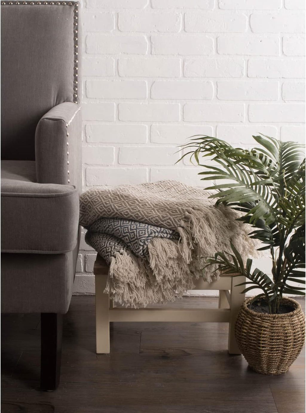 DII Rustic Farmhouse Double Diamond Woven Throw, 50x60, Stone