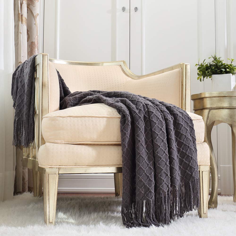 CREVENT Farmhouse Boho Knitted Throw Blanket for Couch Sofa Chair Bed Home Decoration, Soft Warm Cozy Light Weight for Spring Summer Fall (50''X60'' Off White/Ivory/Cream)