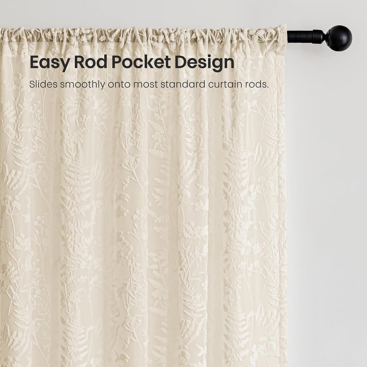 Beige 3D Floral Semi Sheer Curtains, 52W x 84L, 2 Panels