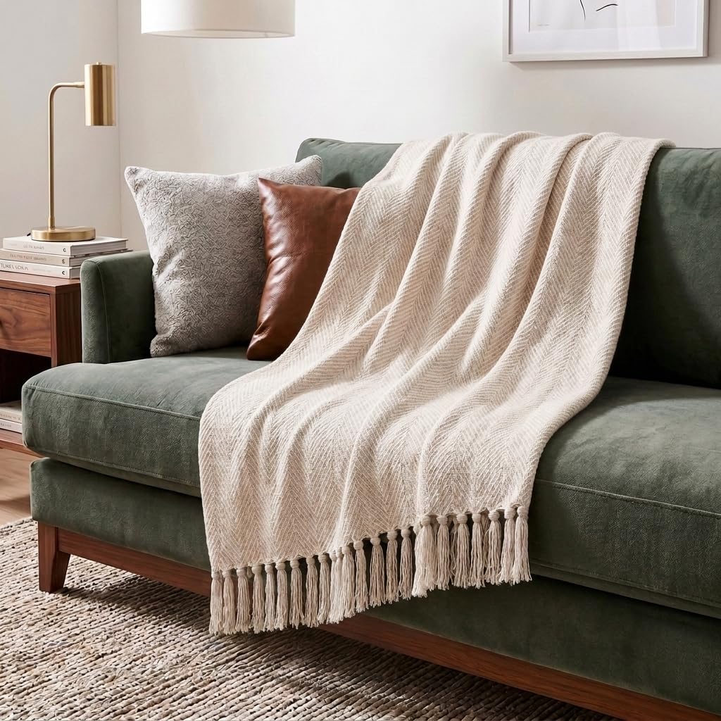 Americanflat 50x60 Throw Blanket - Soft and Breathable Cotton Throw Blanket for Couch, Bed, Chair - Decorative Blankets Perfect for Home, Office, or Outdoor Use - Cream Herringbone Design