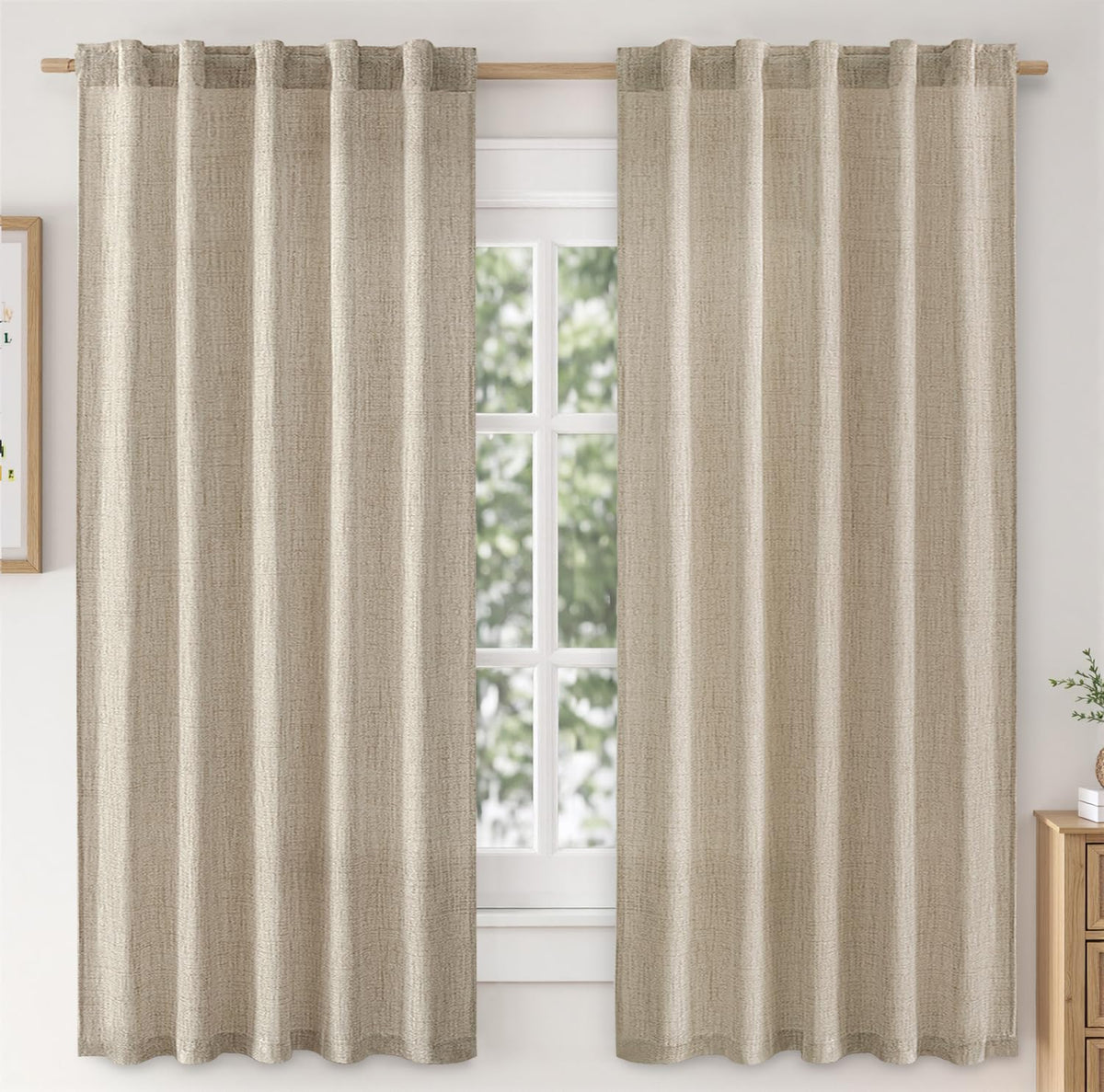 MIULEE Faux Linen Curtains 90 Inch Length 2 Panels Natural Semi Sheer Curtain with Back Tab Rod Pocket, Light Filtering Window Privacy Burlap Drapes for Living Room Bedroom 42W x 90L Linen