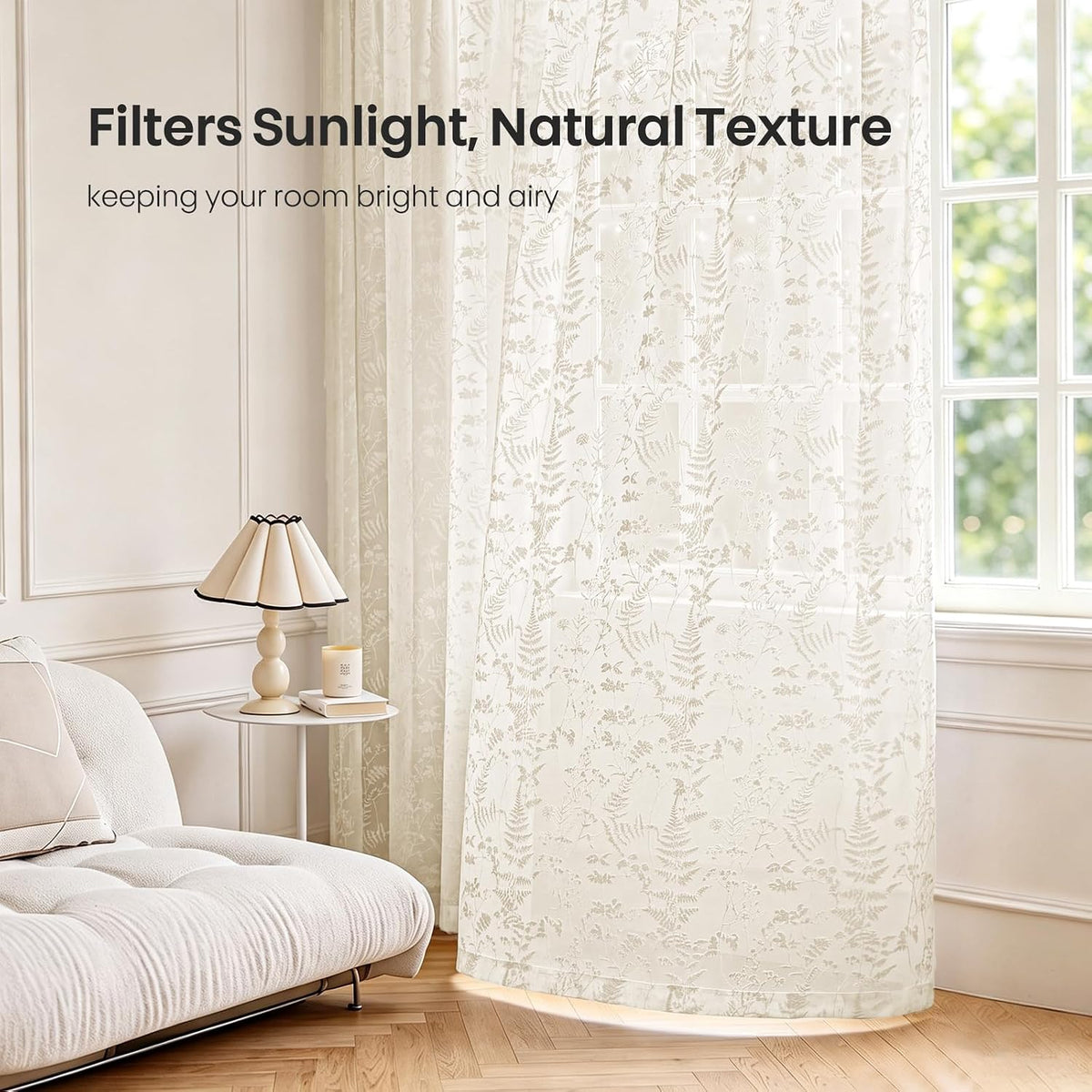 Beige 3D Floral Semi Sheer Curtains, 52W x 84L, 2 Panels