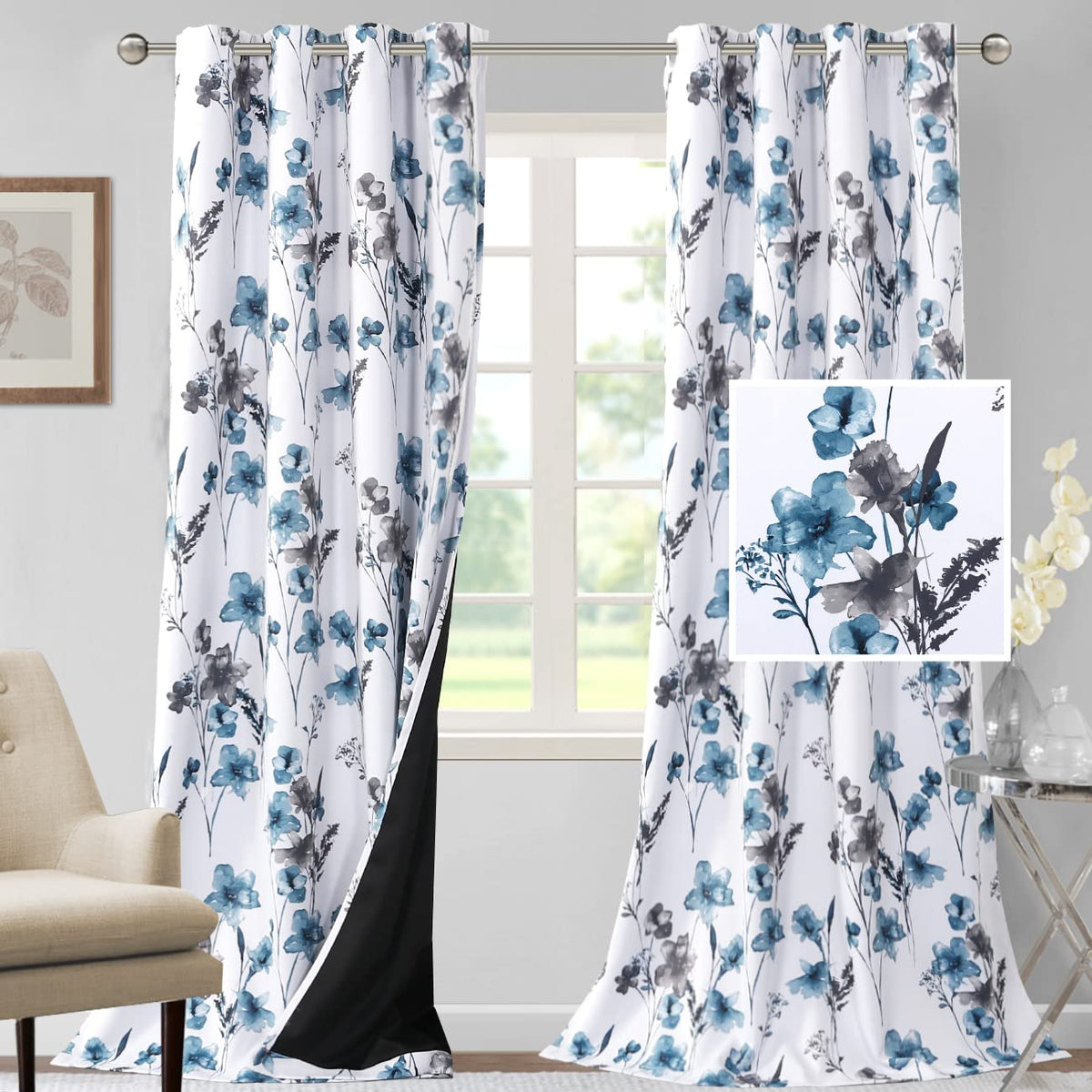 H.VERSAILTEX 100% Blackout Curtains 84 inch Length 2 Panels Set Cattleya Floral Printed Drapes Leah Floral Thermal Curtains for Bedroom with Black Liner Sound Proof Curtains, Grey and Taupe