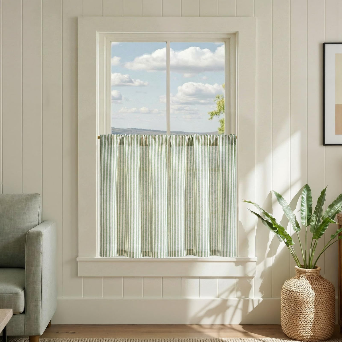 jinchan Striped Linen Kitchen Curtains 36 Inches Length Tier Curtains Farmhouse Modern Cafe Style Small Window Treatments Airy Light Filtering Rod Pocket for Living Room Bathroom 2 Panels Sage Green