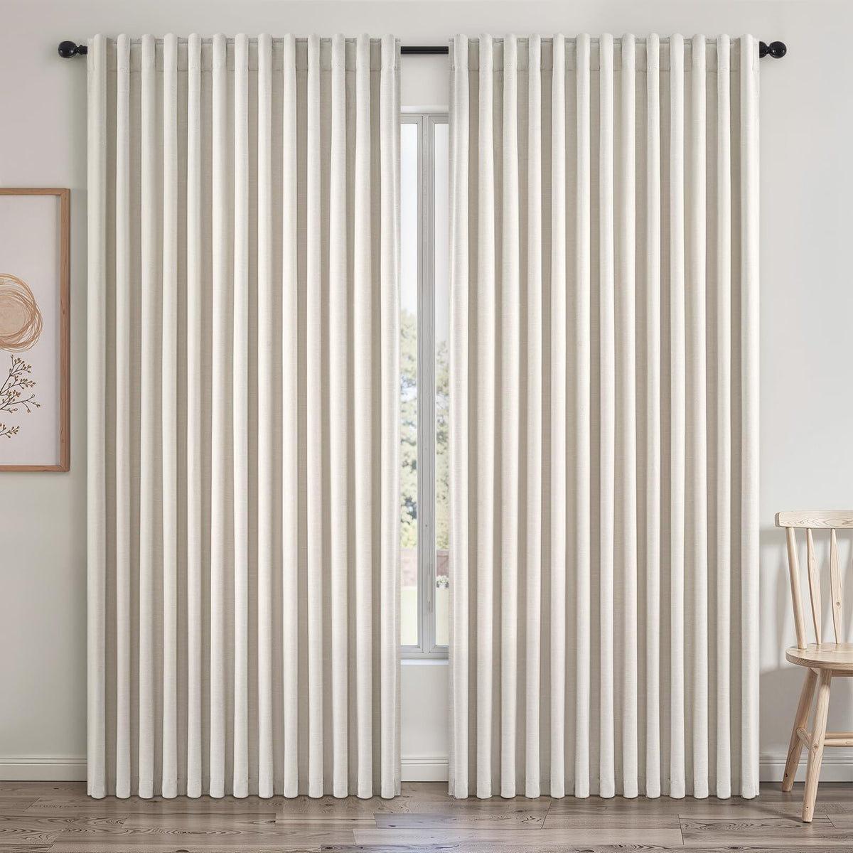 Topfinel Linen Blackout Curtains 96 Inch Long, Boho Farmhouse Ivory Birch Viral Drapes Pinch Pleated Curtains with Hooks for Living Room, Neutral 8 FT Back Tab Bedroom Curtains 52" X 96" 2 Panels