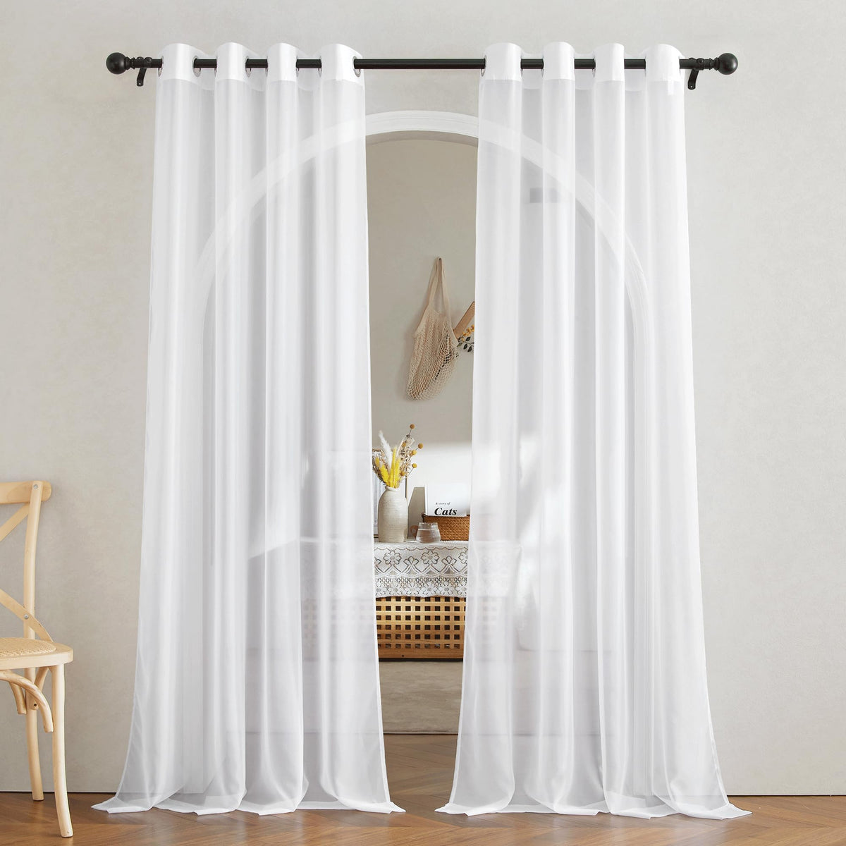 NICETOWN White Sheer Curtains & Drapes 96 inches Long for Living Room - Grommet Top Solid Lightweight & Airy Gauzy Window Treatments with Light Filtering for Bedroom, 2 Panels, W54 x L96