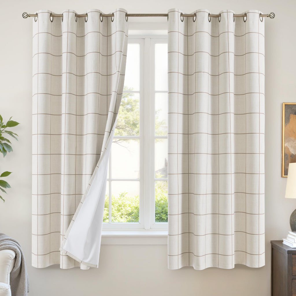 Lajode Linen Blackout Curtains - Boho Plaid 52x84 Inch 2 Panels, Natural