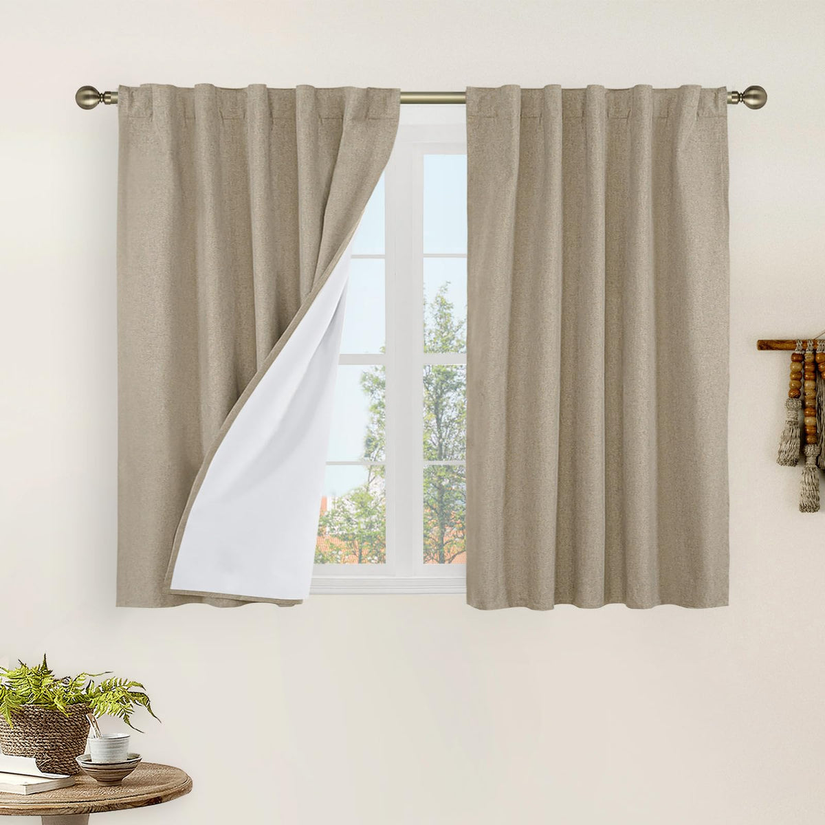 LAMIT 100% Blackout Short Linen Curtains for Cafe 40 Inch Length, Ivory
