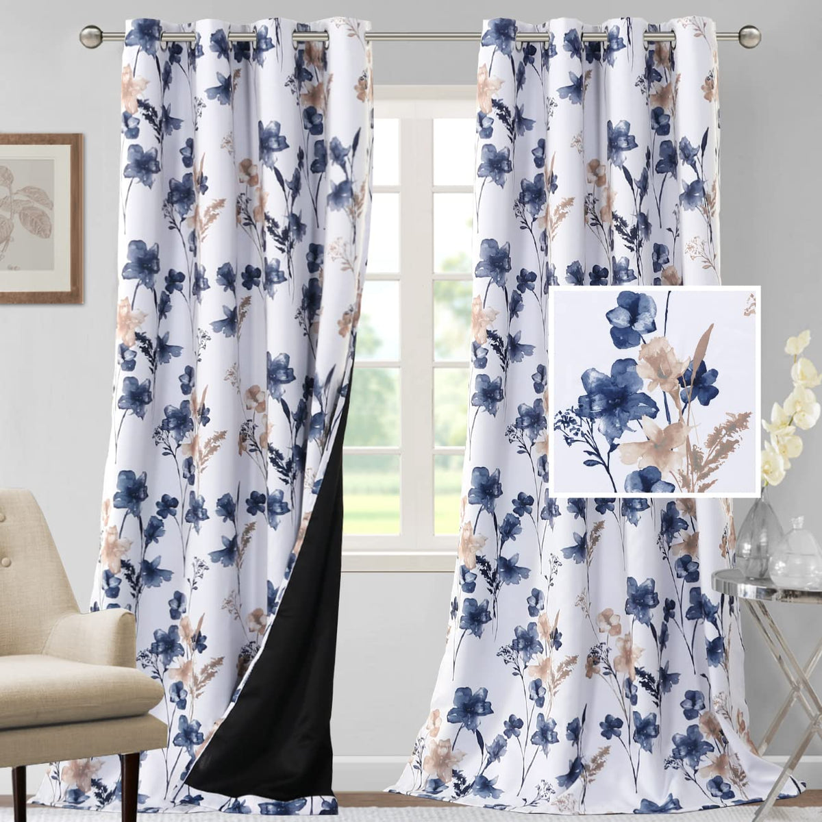 H.VERSAILTEX 100% Blackout Curtains 84 inch Length 2 Panels Set Cattleya Floral Printed Drapes Leah Floral Thermal Curtains for Bedroom with Black Liner Sound Proof Curtains, Grey and Taupe