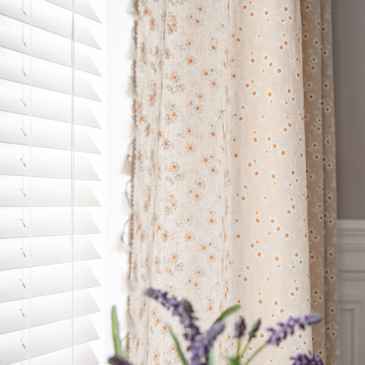 ENJOYBRIDAL Floral Curtains 84 Inch Long Living Room Boho Drapes Bedroom 2 Panels Semi Sheer Floor Length Window Curtain Panels Vintage Rod Pocket Tassel Farmhouse Nursery Window Treatments