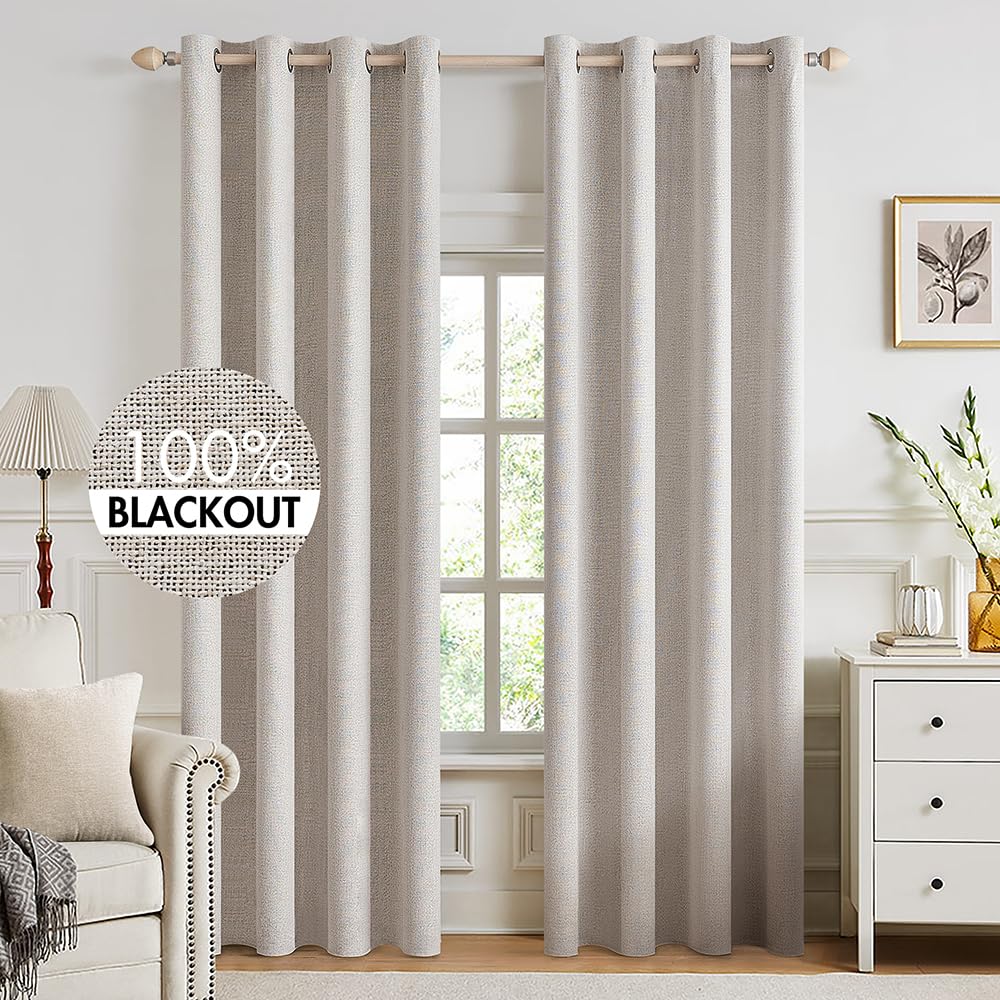 MIULEE 100% Blackout Linen Curtains for Bedroom 52x84 Inches Dusty Blue