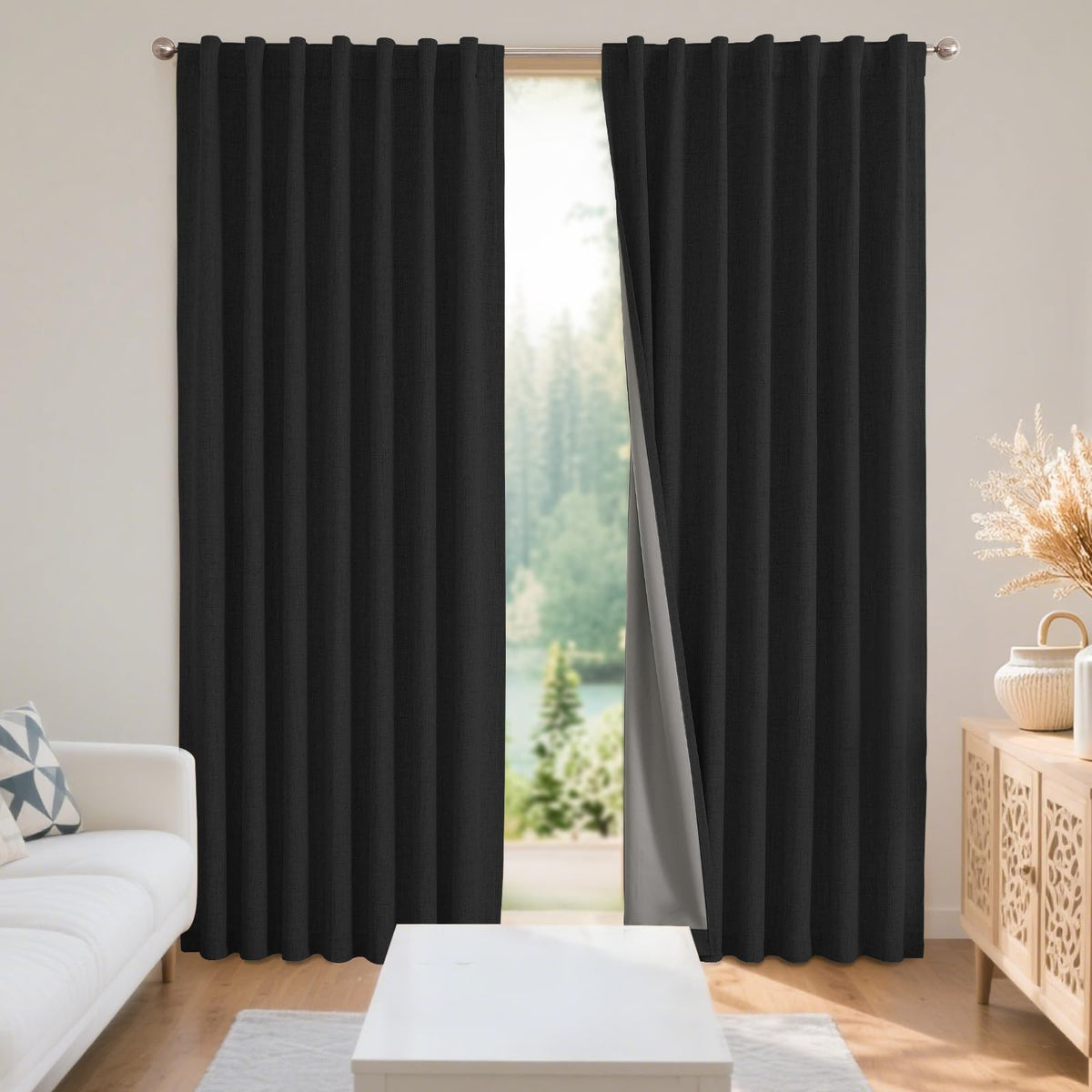 Joydeco Blackout Curtains for Bedroom - 84 Inch Long 100% Light Blocking 2 Panels Light Beige Drapes, Thermal Insulated Room Darkening Curtains, Linen Textured for Living Room, Rod Pocket & Back Tabs
