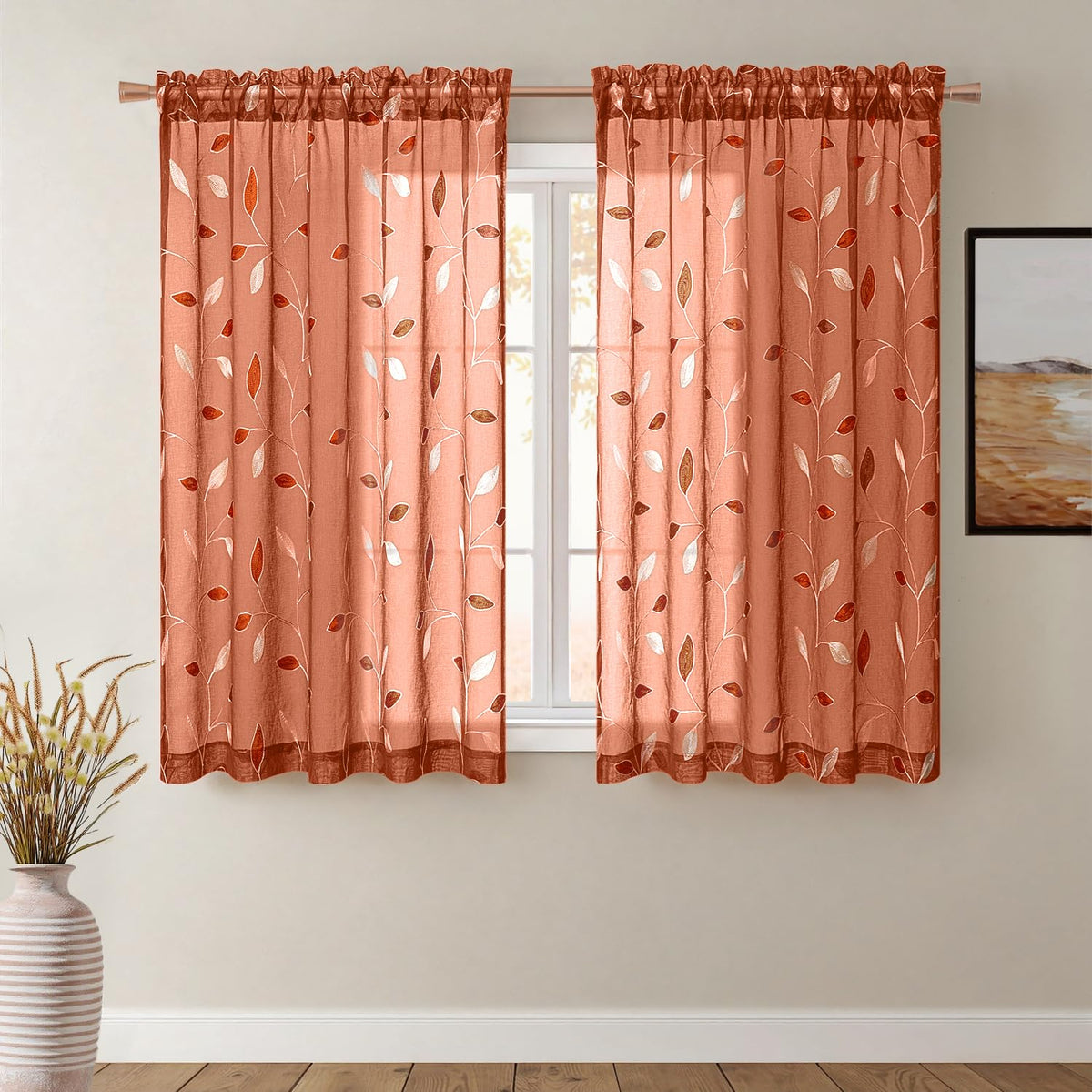 MIULEE Sage Green Sheer Curtains 2 Panels Leaf Patterned, W52 x L84