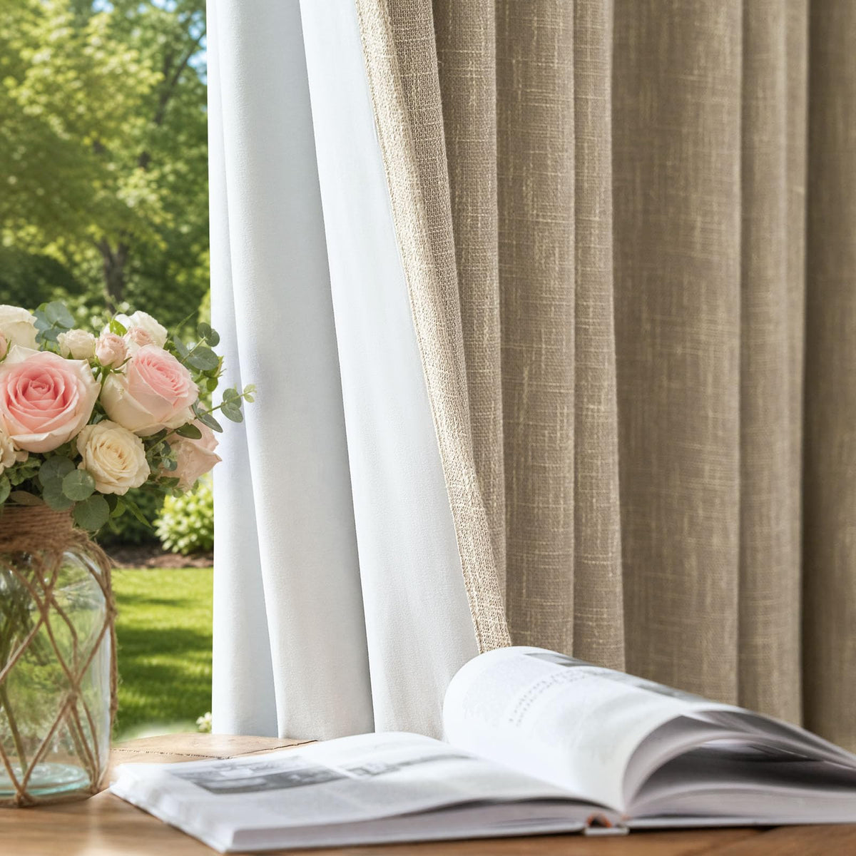 jinchan Burlap Look Curtains Blackout Curtains for Bedroom Lined Linen Textured Look Drapes for Living Room 84 Inches Long French Country Farmhouse Window 2 Panels Tan Drapes