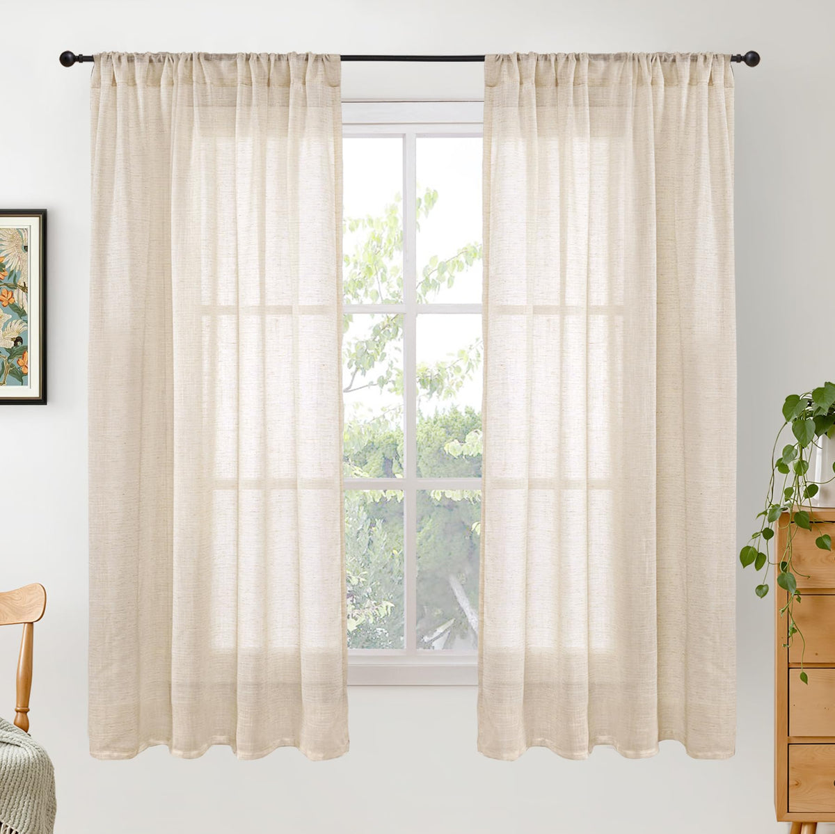 BGment Tan Linen Curtains 84 Inch Length 2 Panels Burlap Semi Sheer Drapes