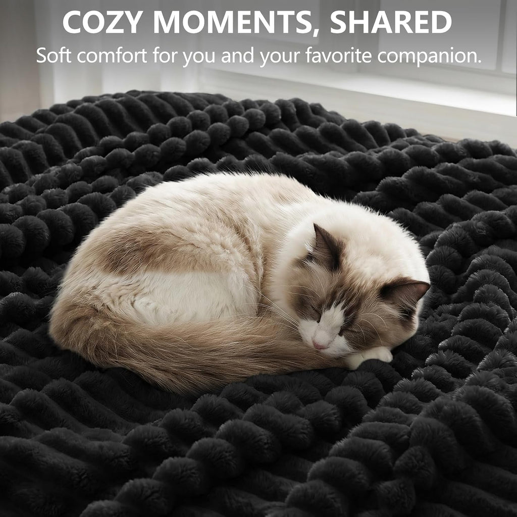 CozyLux Black Throw Blanket for Couch, Ribbed Fleece, 50 x 60 Inch
