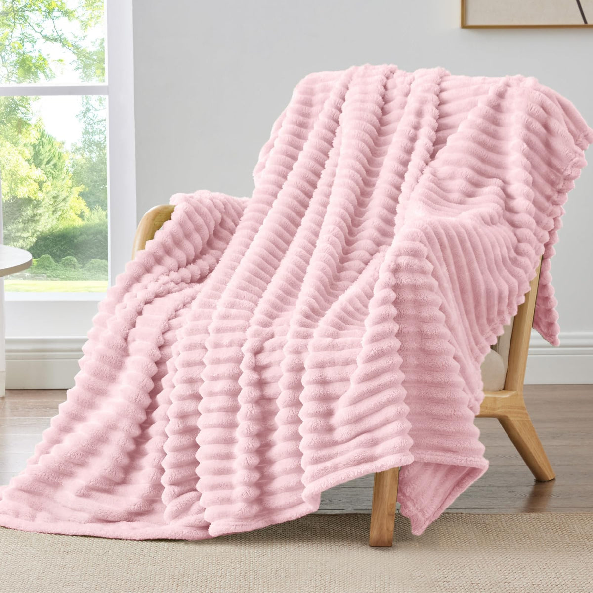 BEDELITE Ribbed Fleece Throw Blanket for Couch, Cream, 50"x60"