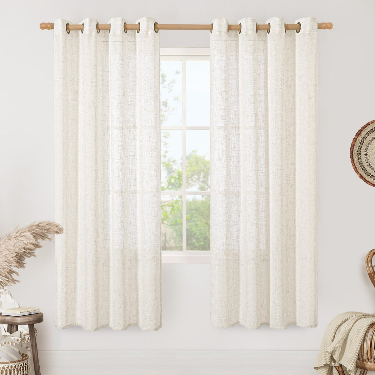 LAMIT Cream Ivory Linen Semi Sheer Curtains 84 inch Length for Bedroom