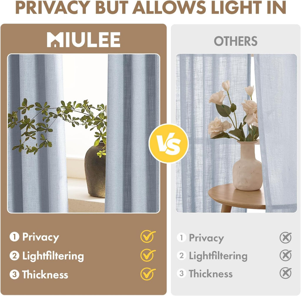 MIULEE Thick Linen Curtains, 42Wx72L, Light Blue Semi Sheer Linen Textured