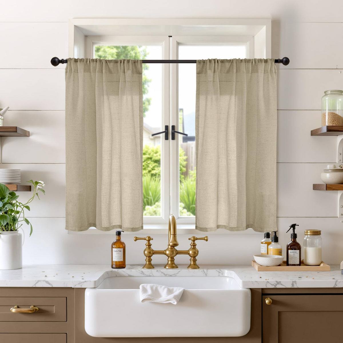 BGment Tan Linen Curtains 84 Inch Length 2 Panels Burlap Semi Sheer Drapes