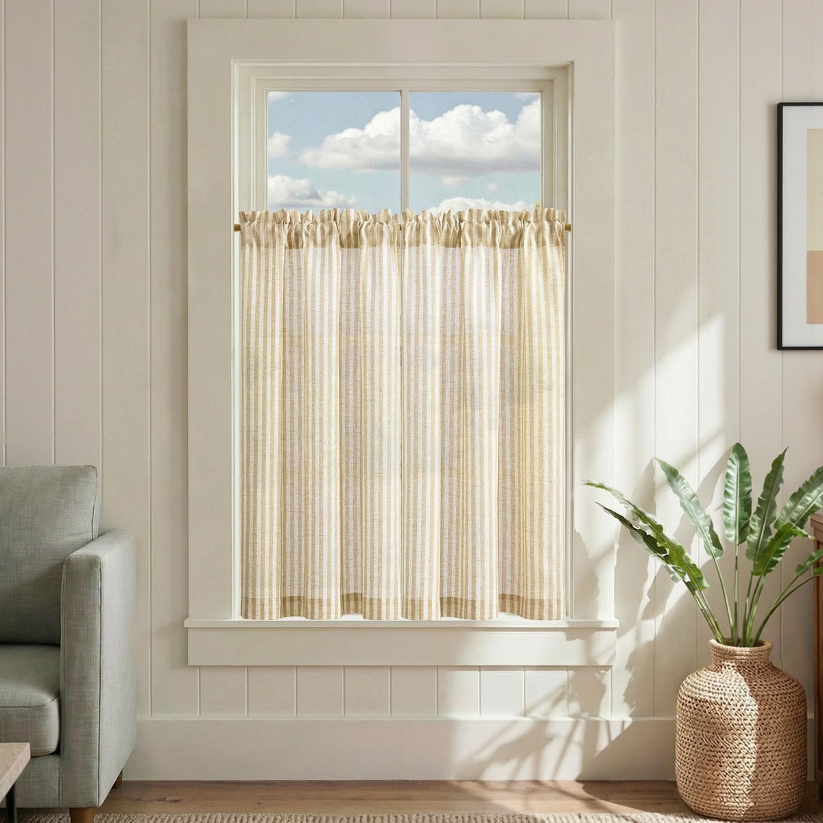 jinchan Striped Linen Kitchen Curtains 36 Inches Length Tier Curtains Farmhouse Modern Cafe Style Small Window Treatments Airy Light Filtering Rod Pocket for Living Room Bathroom 2 Panels Sage Green
