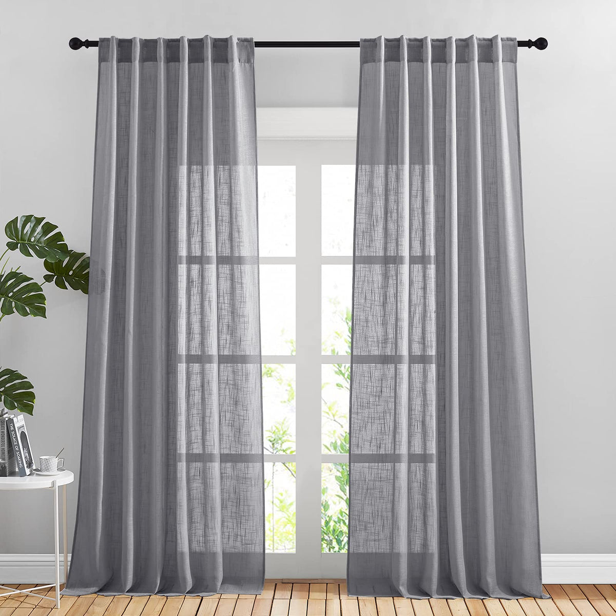 NICETOWN White Linen Sheer Curtains and Drapes 84 inches Long, Rod Pocket & Back Tab semitransparent with Light Through Vertical Window Treatments for Sliding Glass Door & Living Room, 52"W, Set of 2