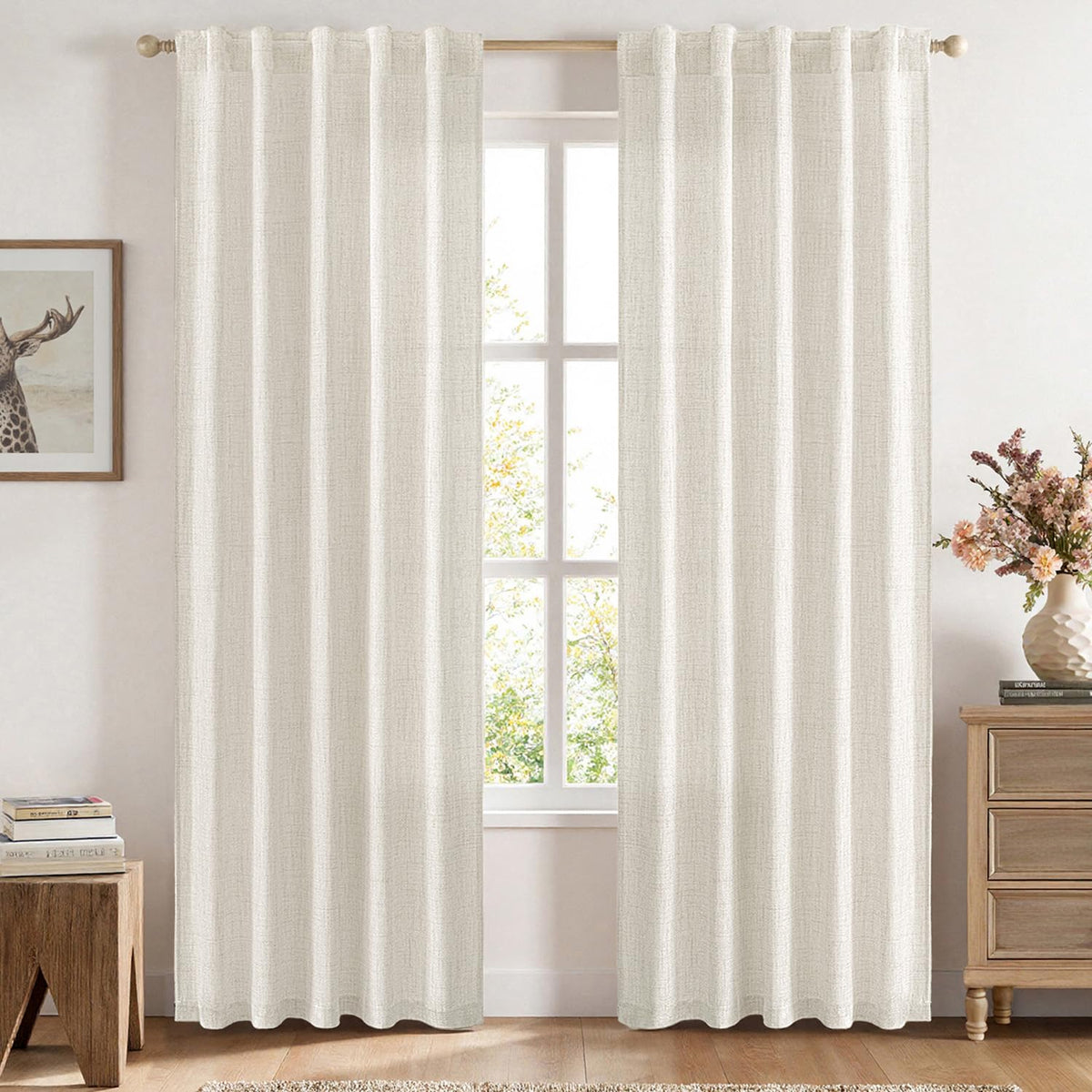 MIULEE Faux Linen Curtains 90 Inch Length 2 Panels Natural Semi Sheer Curtain with Back Tab Rod Pocket, Light Filtering Window Privacy Burlap Drapes for Living Room Bedroom 42W x 90L Linen