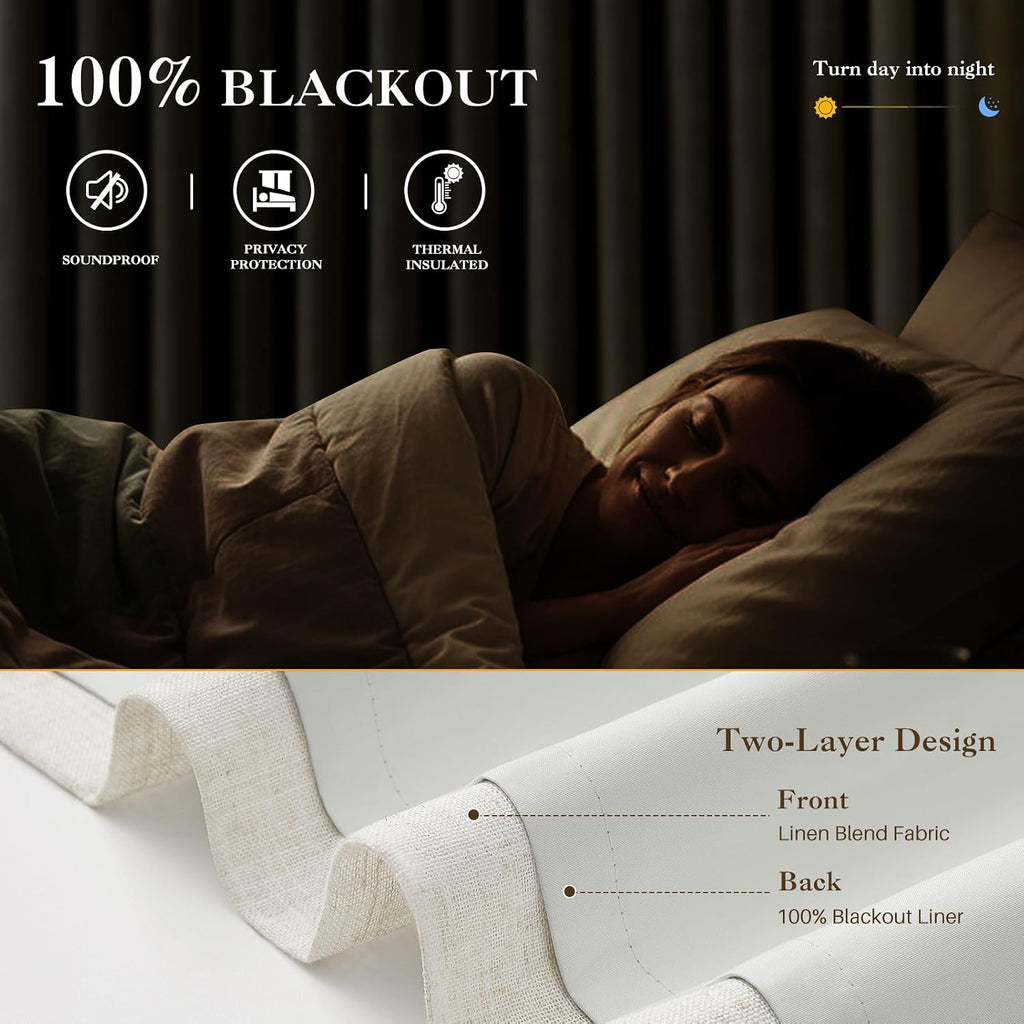 IVAPUPU Natural Linen Blend Blackout Curtains for Bedroom 108 Inch Long