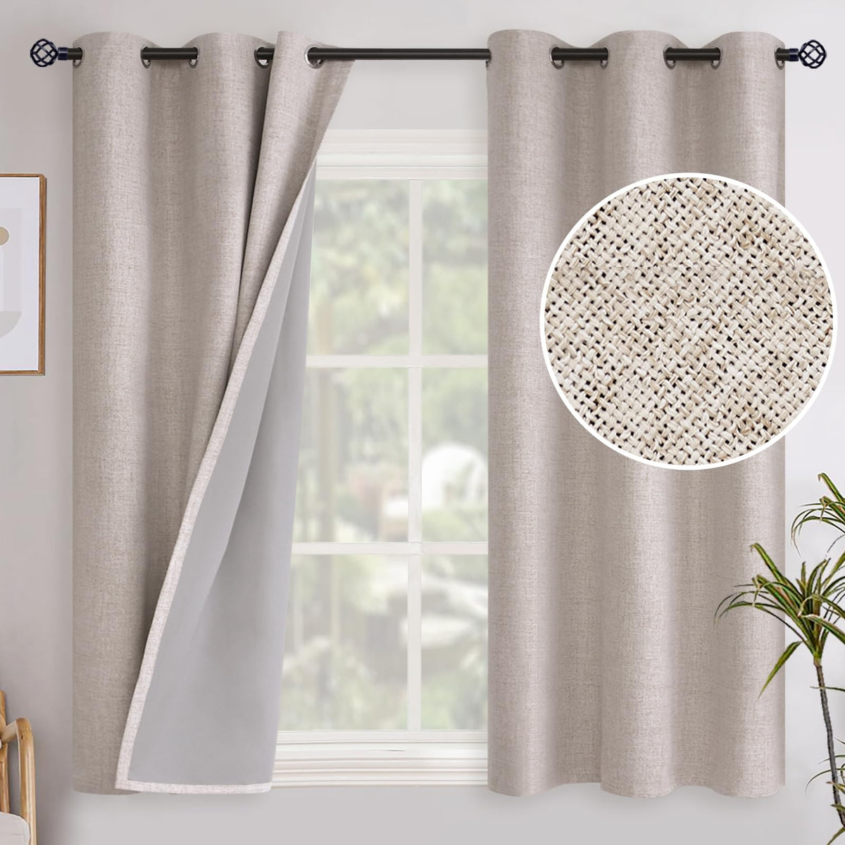 YoungsTex Linen Blackout Curtains 63 Inch Length Bedroom Beige Darkening